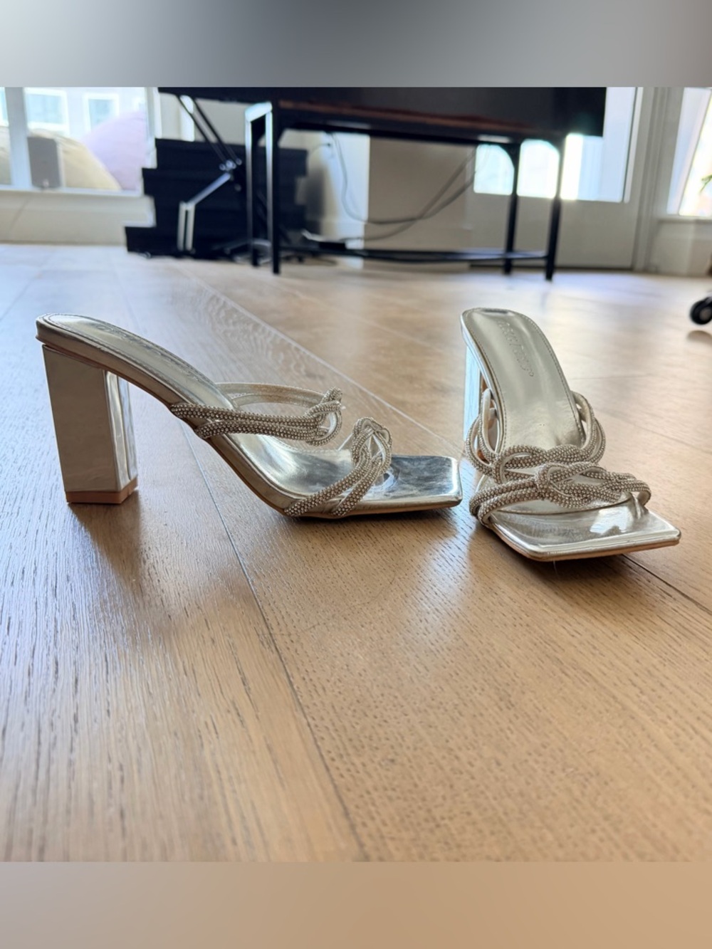 Public Desire Silver Braided Knot Block Heel Mules
